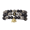 3Pcs 3 Styles 8mm Round Natural Tibetan 3-Eye dZi Agate & Eyeless Obsidian Beaded Stretch Bracelet Sets BJEW-JB10336-1