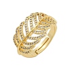 Rack Plating Leaf Brass Micro Pave Cubic Zirconia Cuff Rings for Women RJEW-M028-67G-2