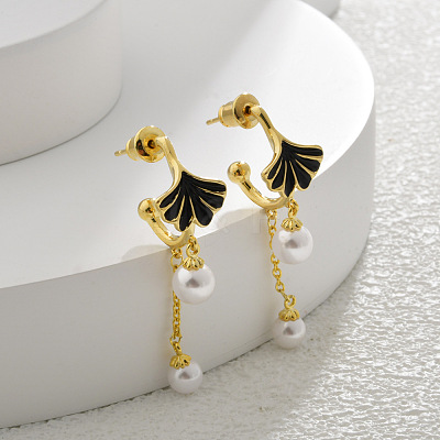 Ginkgo Leaf Brass Enamel & Plastic Imitation Pearl Dangle Stud Earrings EJEW-A121-01G-1