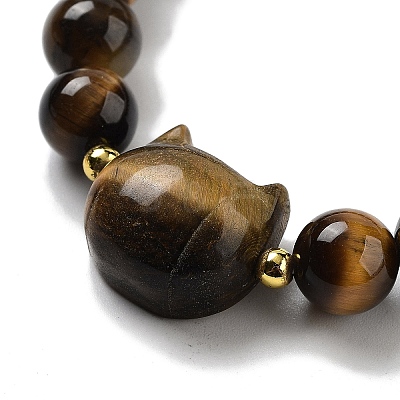Round & Cat Head Natural Tiger Eye Beaded Stretch Bracelets for Women BJEW-K251-03D-1