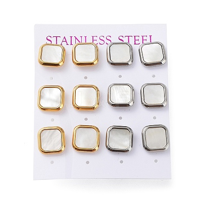 6 Pair 2 Color Square Natural Shell Stud Earrings EJEW-A024-01-1