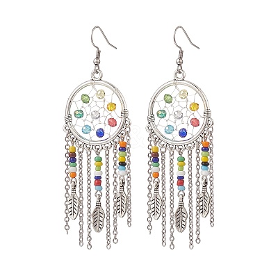 Alloy Woven Net/Web with Feather Chandelier Earrings with Glass Beaded EJEW-TA00159-1