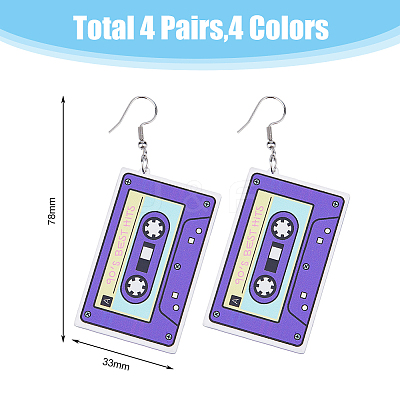 4 Pairs 4 Colors Acrylic Audio Tape Shape Dangle Earrings with 304 Stainless Steel Pins for Women EJEW-FI0003-26-1