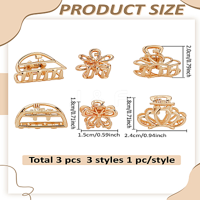 3Pcs 3 Styles Metal Hollow Claw Hair Clips OHAR-LP0001-21G-1