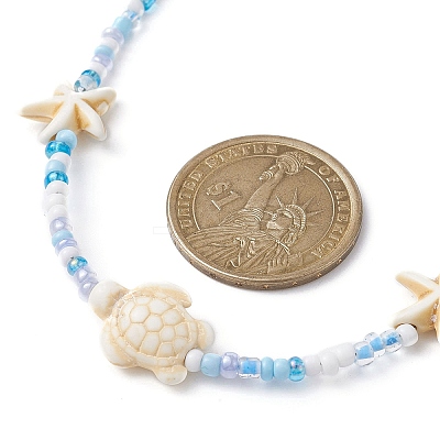 Synthetic Turquoise Starfish & Turtle & Seed Beaded Necklace for Women NJEW-JN04482-02-1