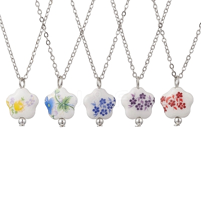 Handmade Printed Porcelain Flower Pendant Brass Cable Chain Necklaces for Women NJEW-JN05746-1