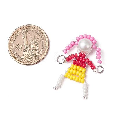 4Pcs 4 Styles Glass Seed Bead with Glass Pearl Round Beaded People Connector Charms PALLOY-MZ00644-1
