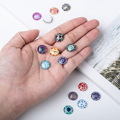 Printed Glass Flat Round Cabochons GGLA-N004-12mm-G-WH-1