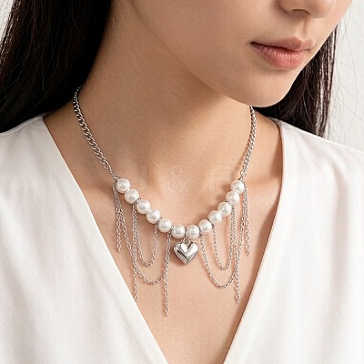 Imitation Pearl Round Beaded Alloy Heart Chain Tassel Bib Necklaces for Women WG3C231-01-1