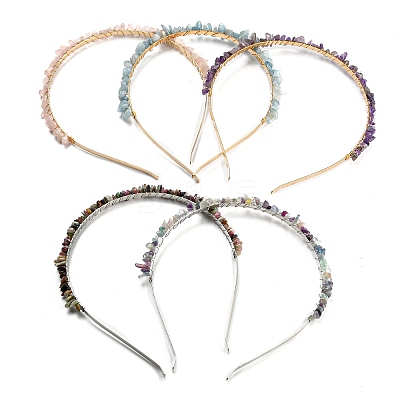 Brass Wire Wrapped Natural Gemstone Chip Hair Bands AJEW-Z010-04-1