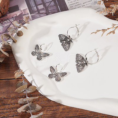 2 Pairs 2 Style Moth & Butterfly Zinc Alloy Dangle Hoop & Leverback Earrings EJEW-AN0002-64-1