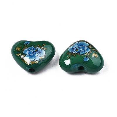 Flower Printed Opaque Acrylic Heart Beads SACR-S305-28-N02-1