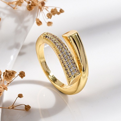 Rack Plating Brass Micro Pave Clear Cubic Zirconia Open Cuff Finger Rings for Women RJEW-M028-95G-1