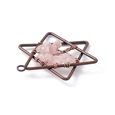 Pentagram Natural Rose Quartz Copper Wire Wrapped Chip Big Pendants G-E195-10R-01-1