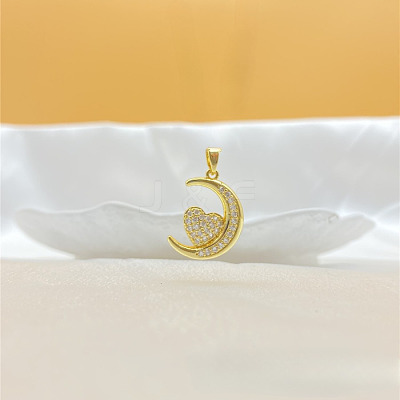 Moon & Heart Brass Micro Pave Clear Cubic Zirconia Pendant Necklaces FS-WG7C282-01-1