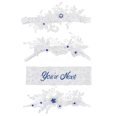 4Pcs 2 Styles Polyester Rhinestone Lace Flower Garter Leg Ring for Women AJEW-HY0003-36-1