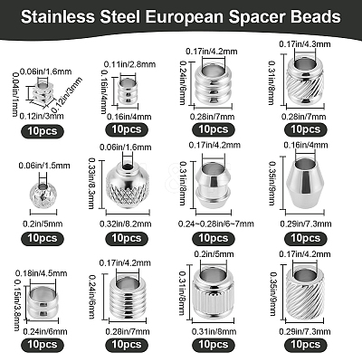 120Pcs 12 Styles 201 Stainless Steel European Beads STAS-SP0001-82-1