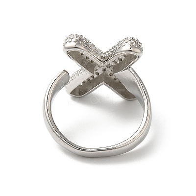 Letter Brass Micro Pave Clear Cubic Zirconia Open Cuff Ring for Women RJEW-N046-03X-P-1