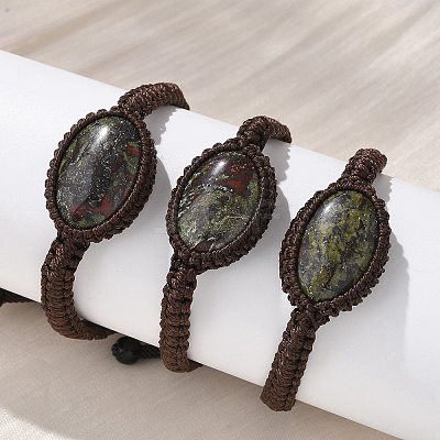 Adjustable Oval Natural Dragon Blood Braided Bead Bracelets BJEW-H626-02-12-1