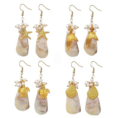 Ocean Shell Pearl & Electroplated Natural Freshwater Shell Dangle Earrings for Women EJEW-JE07400-1