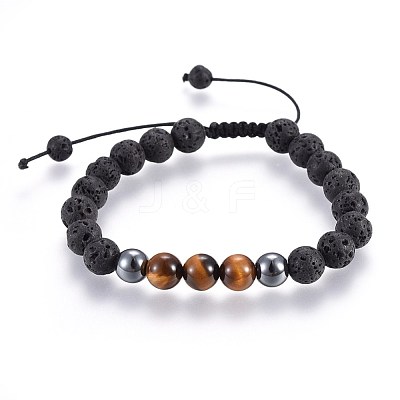 Natural Lava Rock and Non-Magnetic Synthetic Hematite Beads Braided Bead Bracelets BJEW-JB03975-25-1