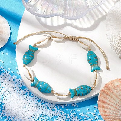 Natural Mixed Cowrie Shell with Synthetic Turquoise Beaded Anklets AJEW-AN00596-01-1