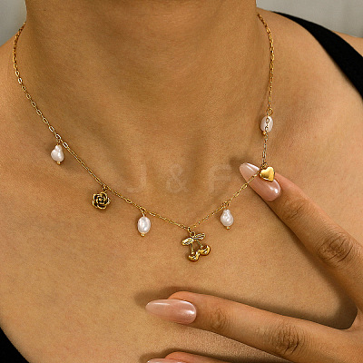 304 Stainless Steel & Imitation Pearl Cherry Heart Flower Pendant Bib Necklaces for Women FS-WG0B26B-01-1