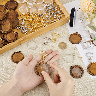 DIY Blank Dome Wood Flat Round Pendant Keychain Kits DIY-GA0007-43-1