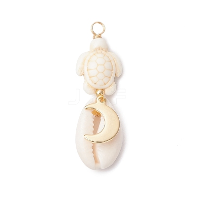 4Pcs 4 Styles Natural Cowrie Shell & Dyed Synthetic Turquoise Turtle Copper Wire Wrapped Pendants PALLOY-JF04035-02-1