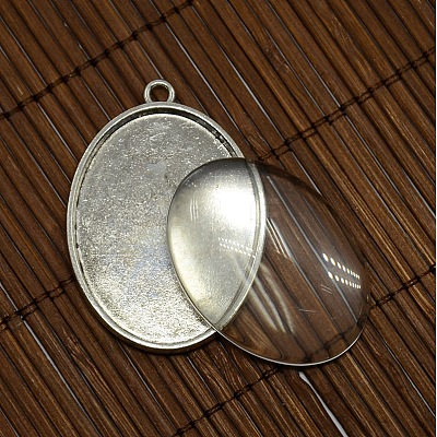 40x30mm Clear Oval Glass Cabochon Cover and Antique Silver Alloy Blank Pendant Cabochon Settings for DIY Portrait Pendant Making DIY-X0154-AS-LF-1