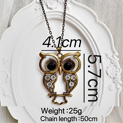 Vintage Alloy Rhinestone Hollow Carved Owl Pendant Necklaces for Women TQ3246-5-1