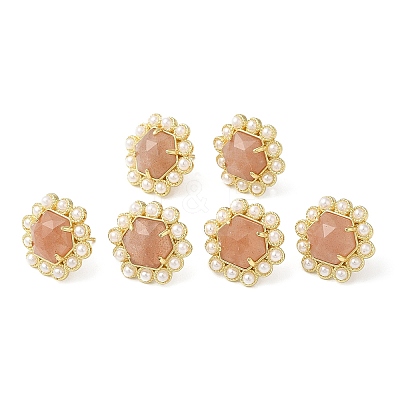 Ion Plating(IP) Natural Sunstone Hexagon Stud Earrings with Plastic Pearl Beaded EJEW-E287-01G-03-1