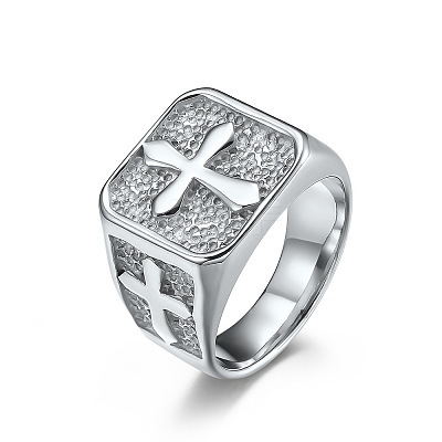 Square with Cross Pattern 304 Stainless Steel Finger Rings for Men FS-WGAC6B1-04-1