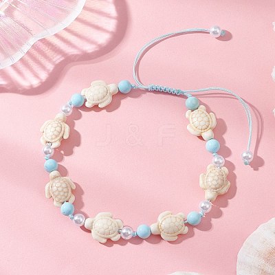 Adjustable Ocean Turtle Synthetic Turquoise & Dyed Round Natural Howlite & Imitation Pearl Braided Bead Anklets for Womem AJEW-AN00785-1