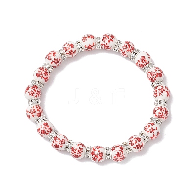 Flower Printed Porcelain Ceramic Beads Stretch Bracelets for Women BJEW-JB12375-02-1
