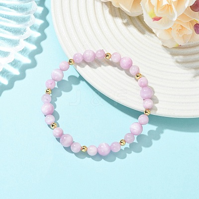 Natural Kunzite & Brass Beaded Stretch Bracelets for Women BJEW-JB14001-1