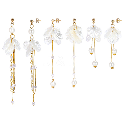 3 Pairs 304 Stainless Steel Flower Tassel Stud Earrings EJEW-PH01461-1