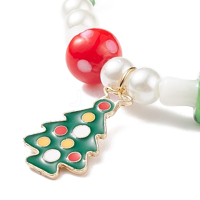 2Pcs 2 Style Glass Pearl & Lampwork Mushroom Beaded Stretch Bracelets Set with Alloy Enamel Christmas Charm for Women BJEW-JB08395-1