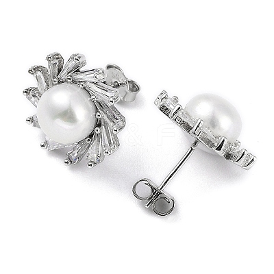 Anti-Tarnish Rhodium Plated 925 Sterling Silver Micro Pave Cubic Zirconia Sun Stud Earrings for Women EJEW-F318-03P-1
