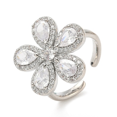 Flower Brass Micro Pave Cubic Zirconia Cuff Rings for Women RJEW-A069-14P-03-1