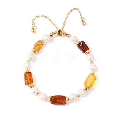 Adjustable Brass Cable Chains & Natural Cultured Freshwater Pearl & Amber Beads Slider Bracelets for Women BJEW-JB13325-1