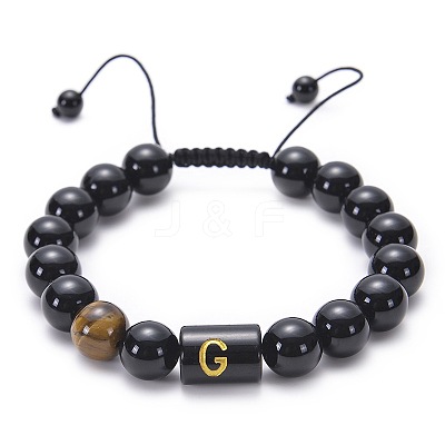 10MM Natural Black Onyx(Dyed & Heated) and Tiger Eye Alphabet Round Braided Bead Adjustable Bracelets for Women DM6424-7-1
