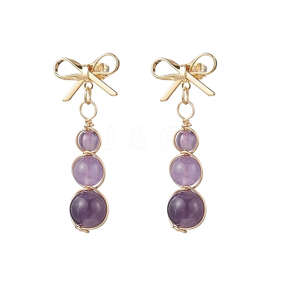 Natural Amethyst Bowknot with Round Dangle Stud Earrings EJEW-JE06780-02-1