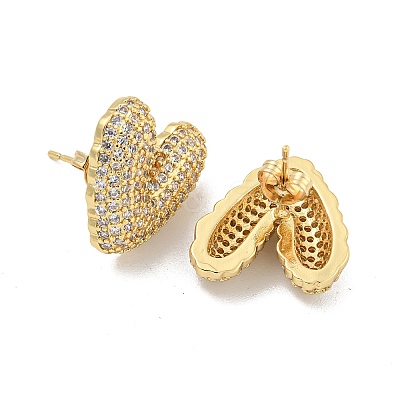 Heart Brass Pave Clear Cubic Zirconia Stud Earrings EJEW-M258-82G-1