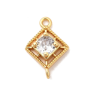 Brass Pave Clear Cubic Zirconia Rhombus Connector Charms X-KK-P340-43G-1