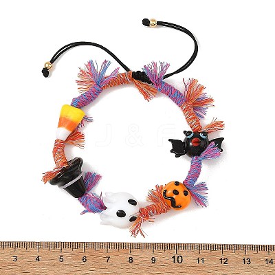 Halloween Handmade Lampwork Ghost Pumpkin Bat Braided Bead Bracelets BJEW-TA00771-1