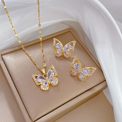 Brass Micro Pave Cubic Zirconia Pendant Necklace & Stud Earrings WG7AC39-57-1