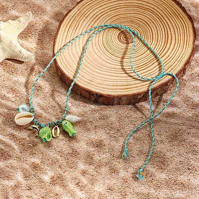Summer Beach Porcelain Fish & Natural Cowrie Shell Pendant Cotton Cord Adjustable Necklaces FS-WG63638-04-1