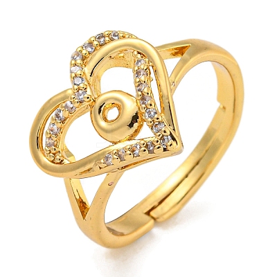 Heart with Letter Rack Plating Brass Micro Pave Clear Cubic Zirconia Adjustable Rings for Women RJEW-I105-01G-O-1