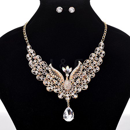 Alloy Rhinestone Hollow Peacock Bib Necklace & Stud Earrings Sets WGD829A-03-1